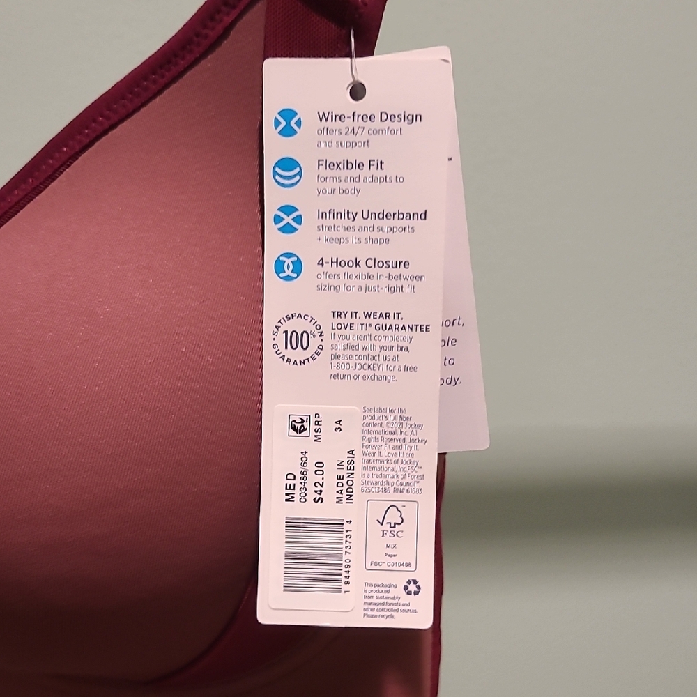 Jockey Forever Fit Mid Impact Active Two Tone Bra in BURGUNDY Sz. Medium - Picture 2 of 6